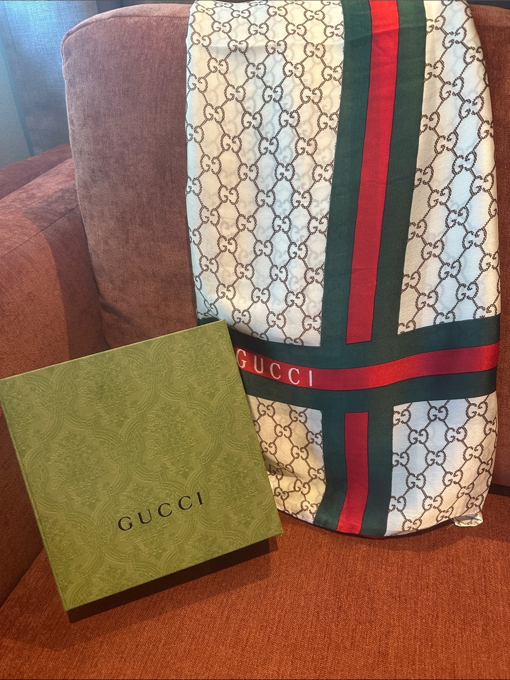 Gucci Cream Silk Shaw/Scarf with Red and Green Web Stripe
